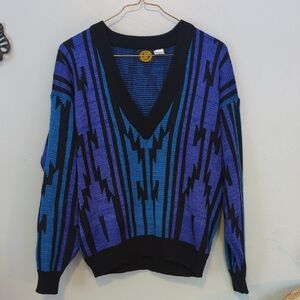 Vintage Permit Brand Deep V-Neck Sweater in Blue And Purple Geometric Pattern M